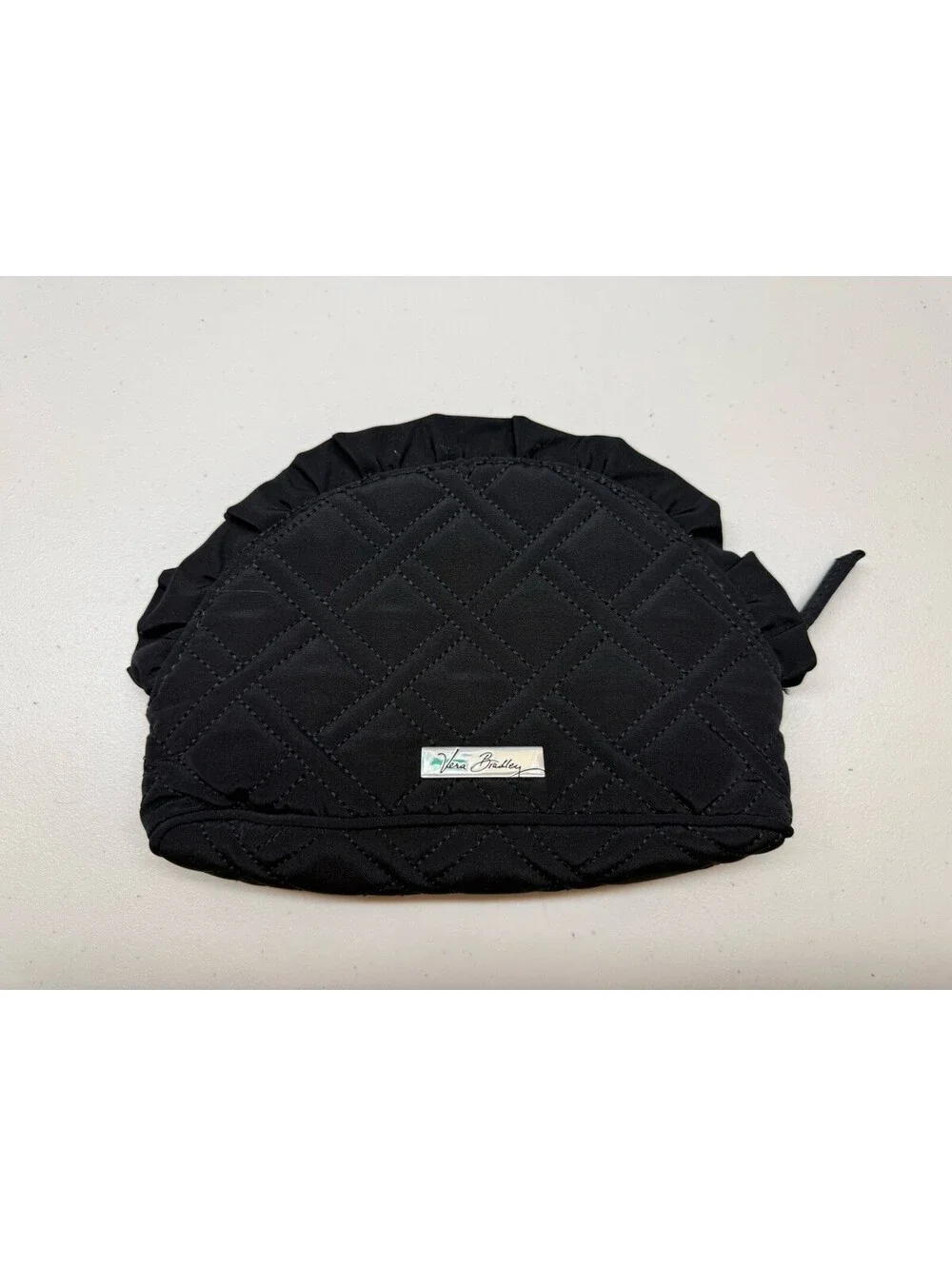 Vera Bradley Black Quilted Cosmetic Bag Ruffle Trim Zip Top Washable Print Liner